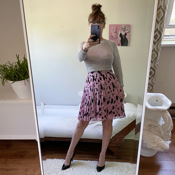 LOFT Dresses & Skirts - LOFT PINK BLACK PRINT PLEATED SKIRT STRETCH WAIST LINED CHIFFON